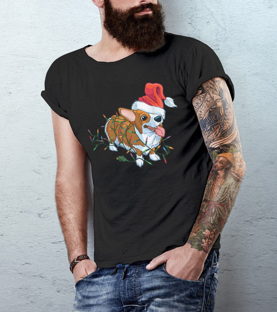 Corgi Christmas Lights Santa Hat T-Shirt