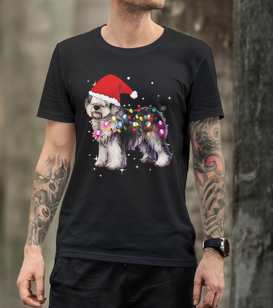 Christmas Lights Olde English Sheepdog Santa Hat T-Shirt