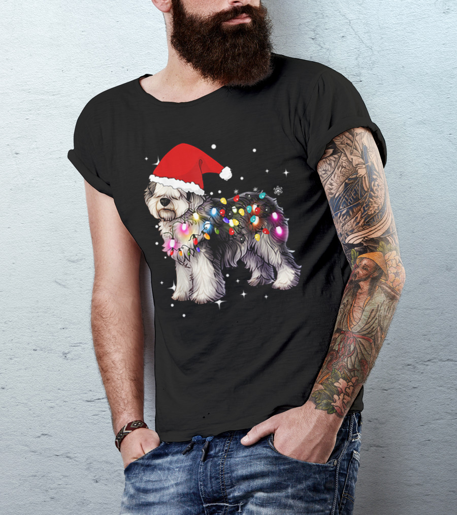 Christmas Lights Olde English Sheepdog Santa Hat T-Shirt