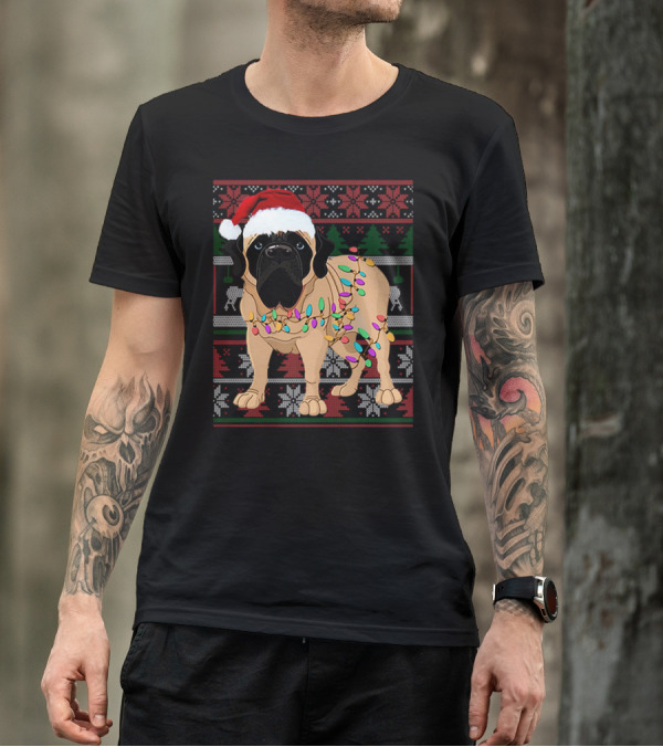 Santa Hat English Mastiff With Christmas Lights And Festive T-Shirt