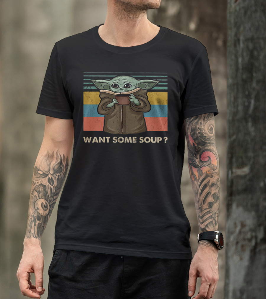Baby Yoda Want Some Soup Retro Stripes T-Shirt