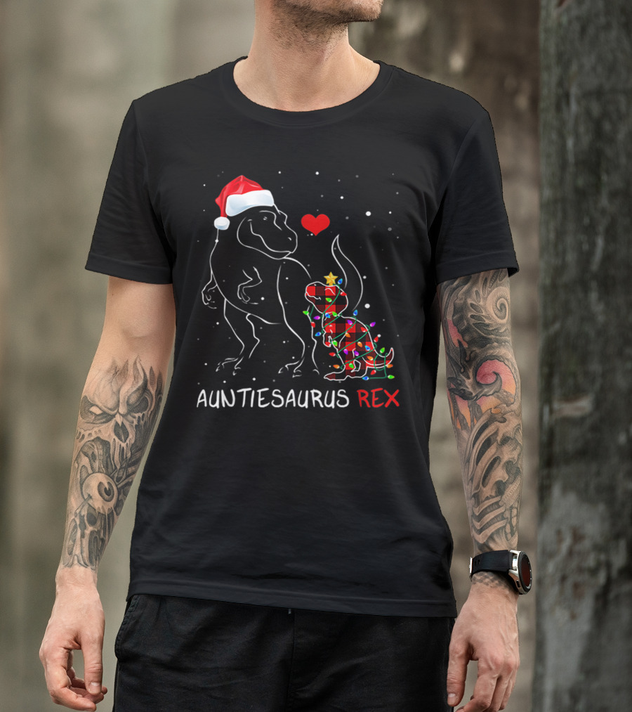 AUNTIESAURUS REX Red Plaid Christmas Dinosaur With Santa Hat And Lights T-Shirt