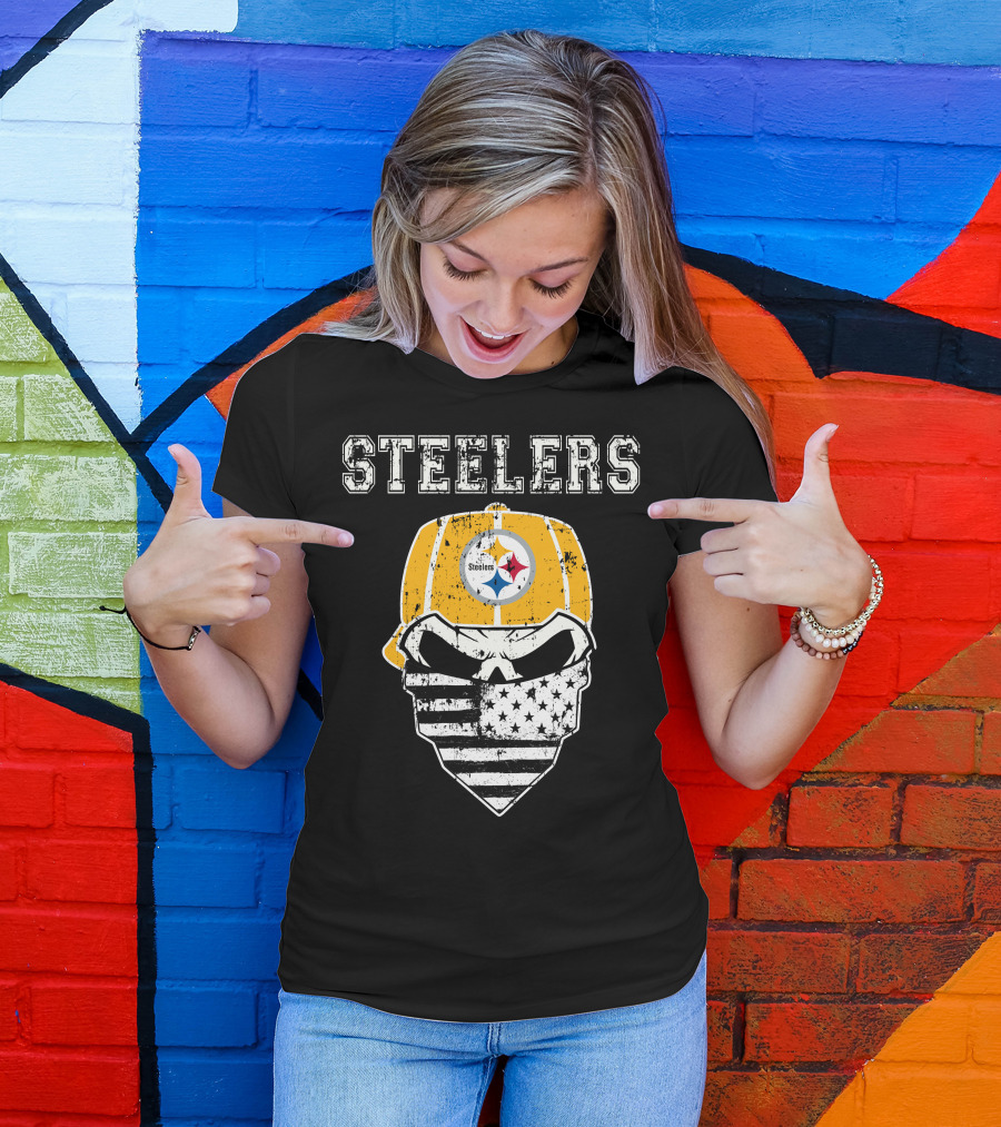 Steelers Skull With American Flag Bandana And Hat T-Shirt