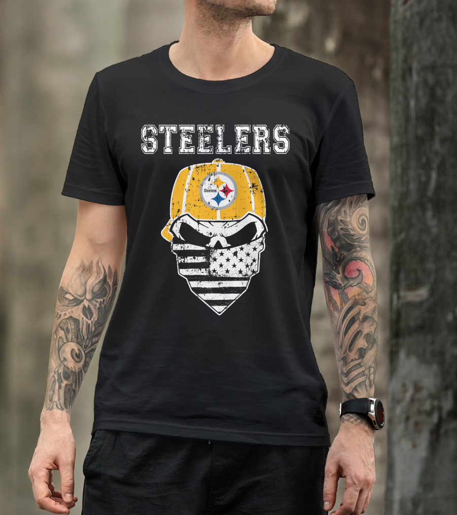 Steelers Skull With American Flag Bandana And Hat T-Shirt