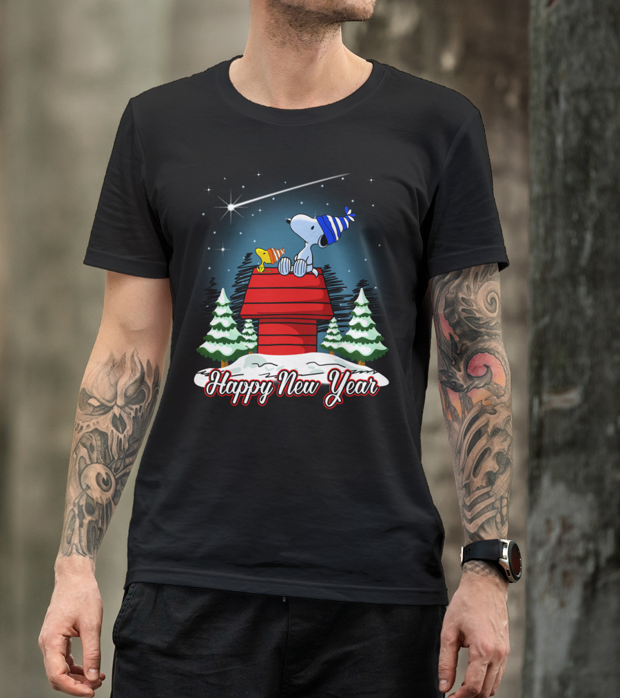 Snoopy Happy New Year With Woodstock On Doghouse Under Starry Sky T-Shirt