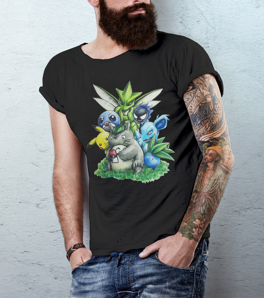 BEST FRIENDS TOTORO PIKACHU BULBASAUR SCYTHER JIGGLYPUFF GASTLY NIDORINA ODDISH MASHUP T-Shirt