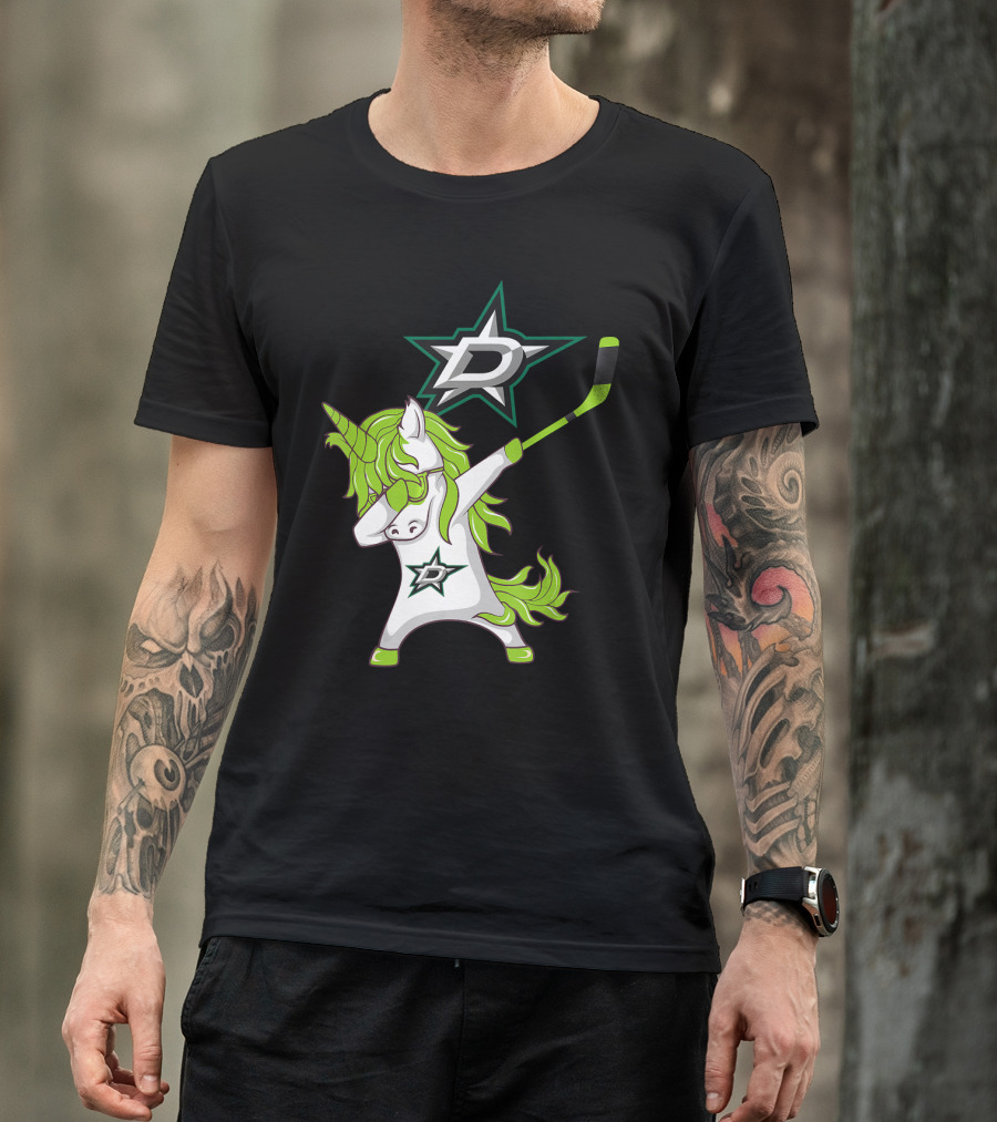 St Patrick's Day Dabbing Unicorn With Hockey Stick Dallas Stars T-Shirt