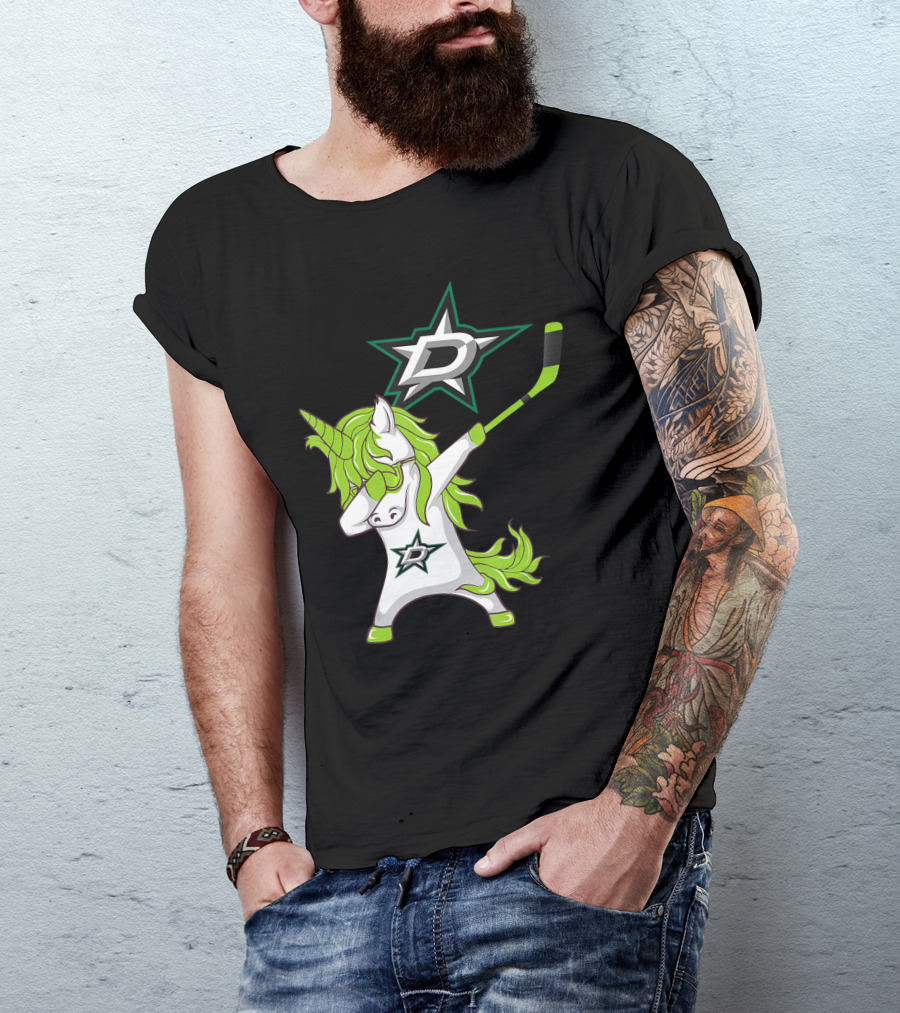 St Patrick's Day Dabbing Unicorn With Hockey Stick Dallas Stars T-Shirt