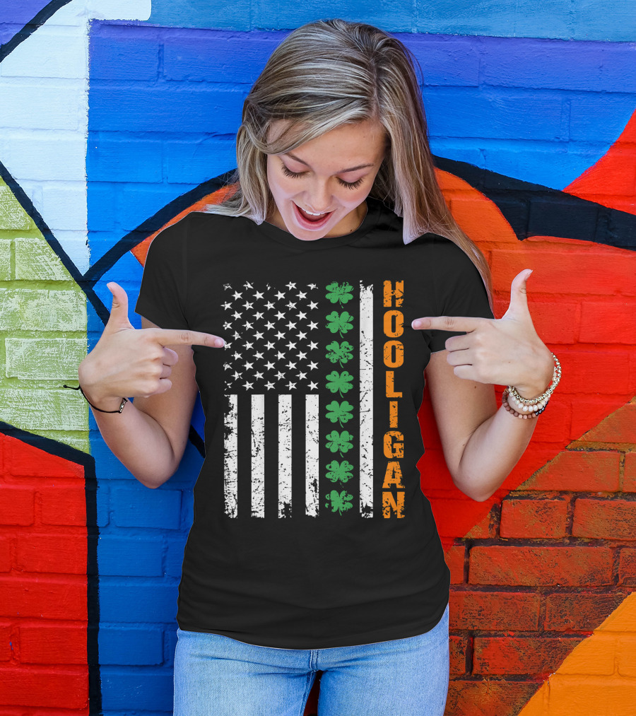 Irish American Flag Shamrocks Hooligan St Pats T-Shirt