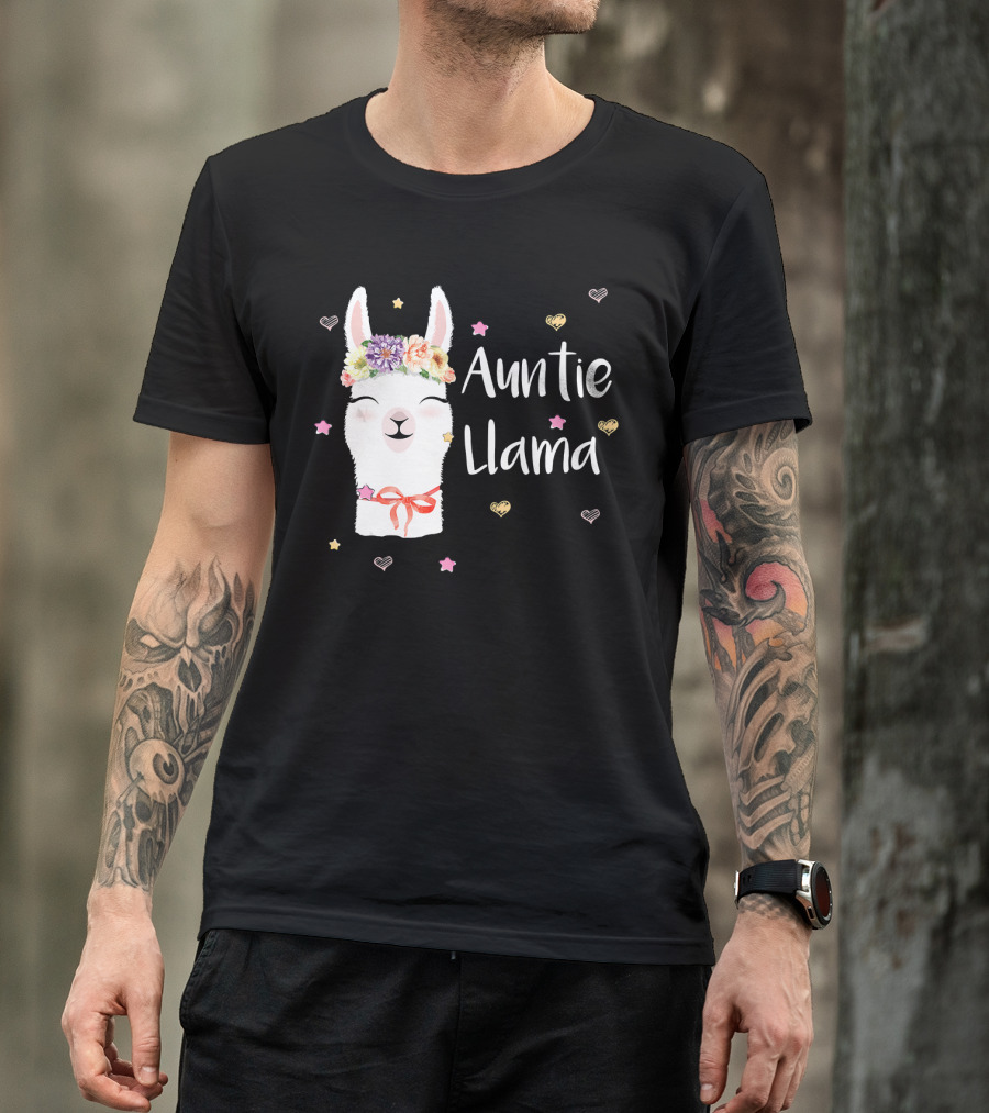 Auntie Llama Cute Floral Crown And Stars For Llama Lovers T-Shirt