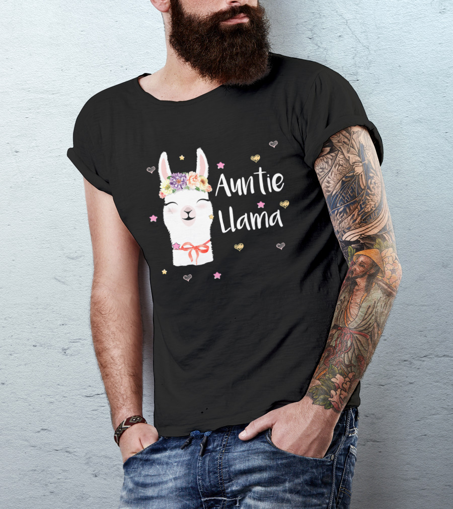 Auntie Llama Cute Floral Crown And Stars For Llama Lovers T-Shirt