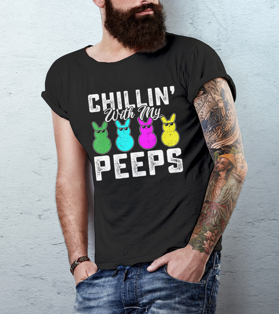 Chillin' With My Peeps Green Blue Pink Yellow Bunnies Wearing Sunglasses T-Shirt