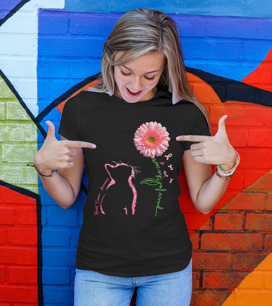 Paws For The Cure Breast Cancer Awareness Cat Pink Flower T-Shirt