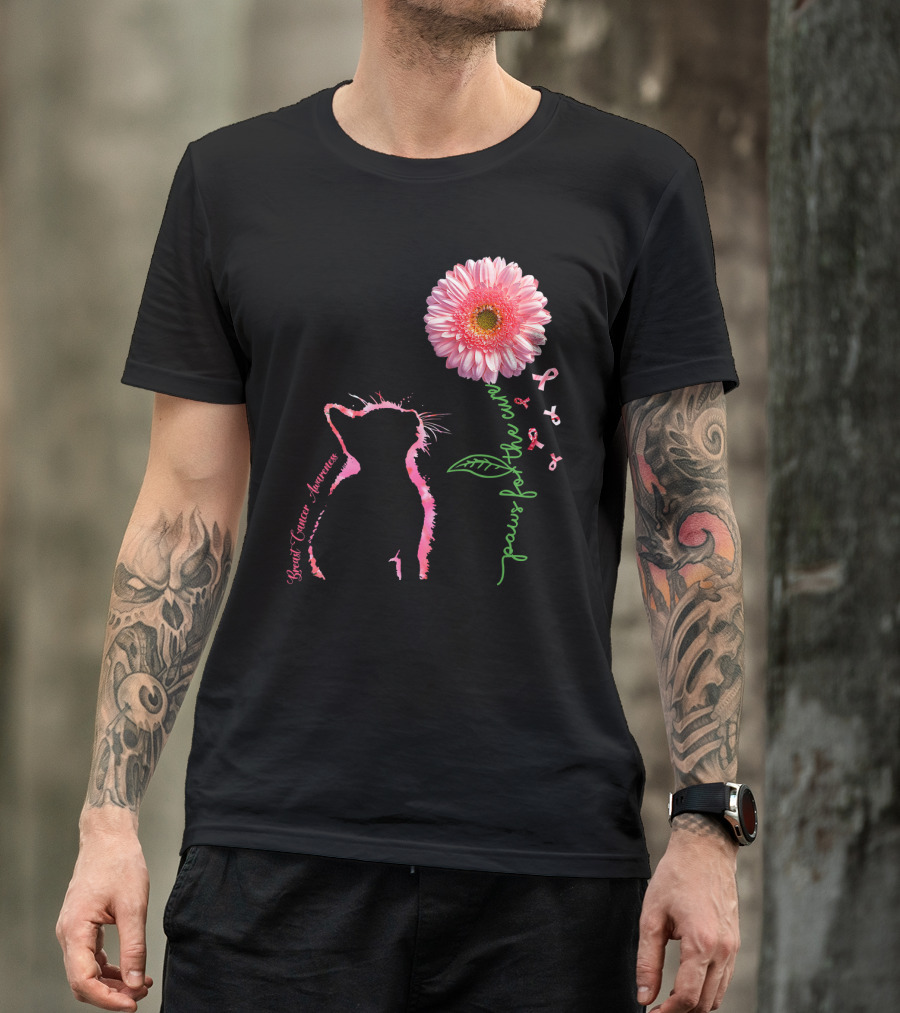 Paws For The Cure Breast Cancer Awareness Cat Pink Flower T-Shirt