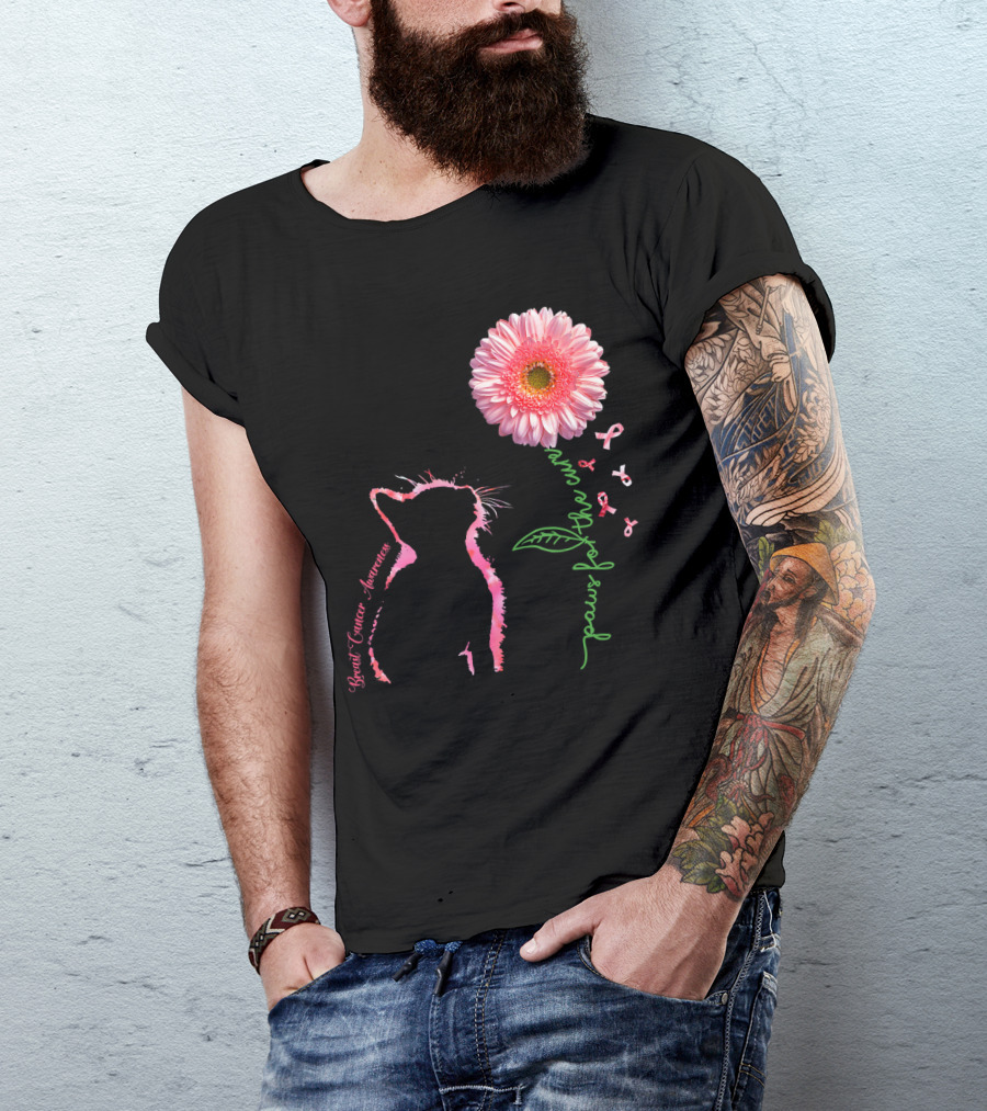 Paws For The Cure Breast Cancer Awareness Cat Pink Flower T-Shirt