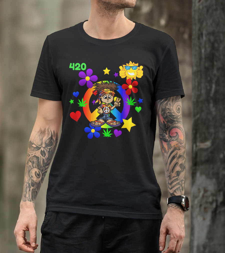 420 Peace Sign Hippie Cartoon With Sun And Colorful Flowers T-Shirt