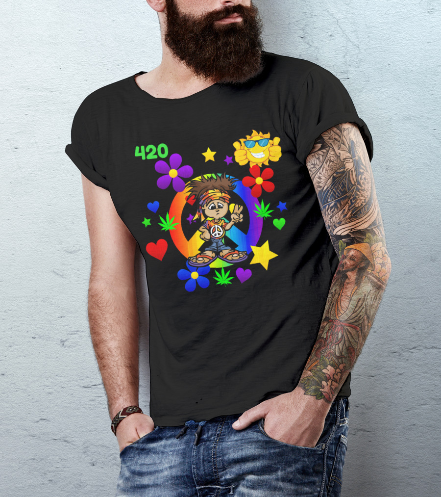 420 Peace Sign Hippie Cartoon With Sun And Colorful Flowers T-Shirt