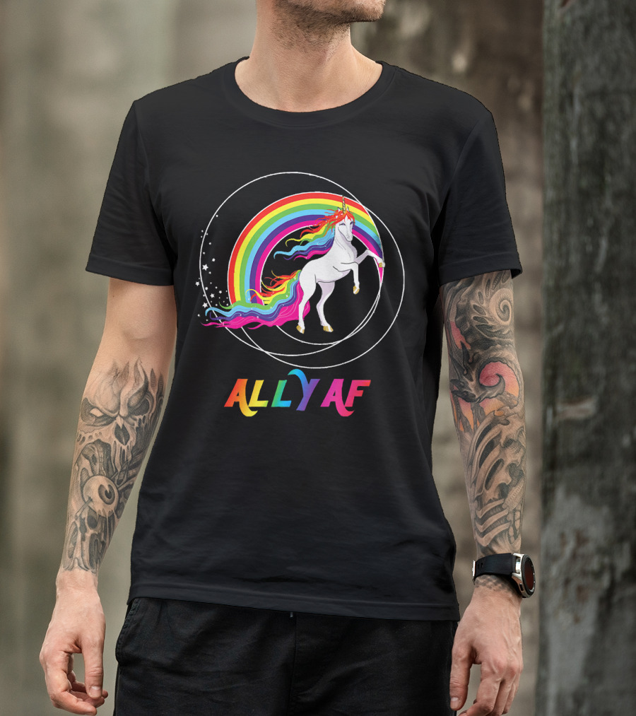 Rainbow Pride Ally AF Unicorn With Rainbow Pride Flag Colors T-Shirt
