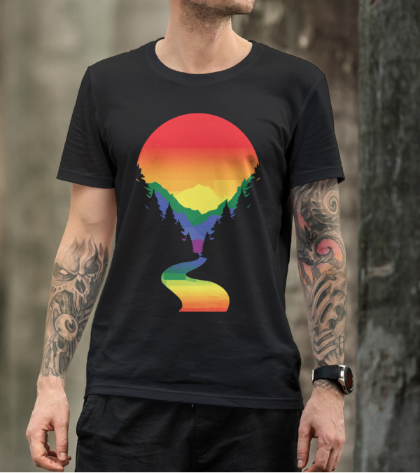 Rainbow Pride Sunset Silhouette Mountains Forest Pathway T-Shirt