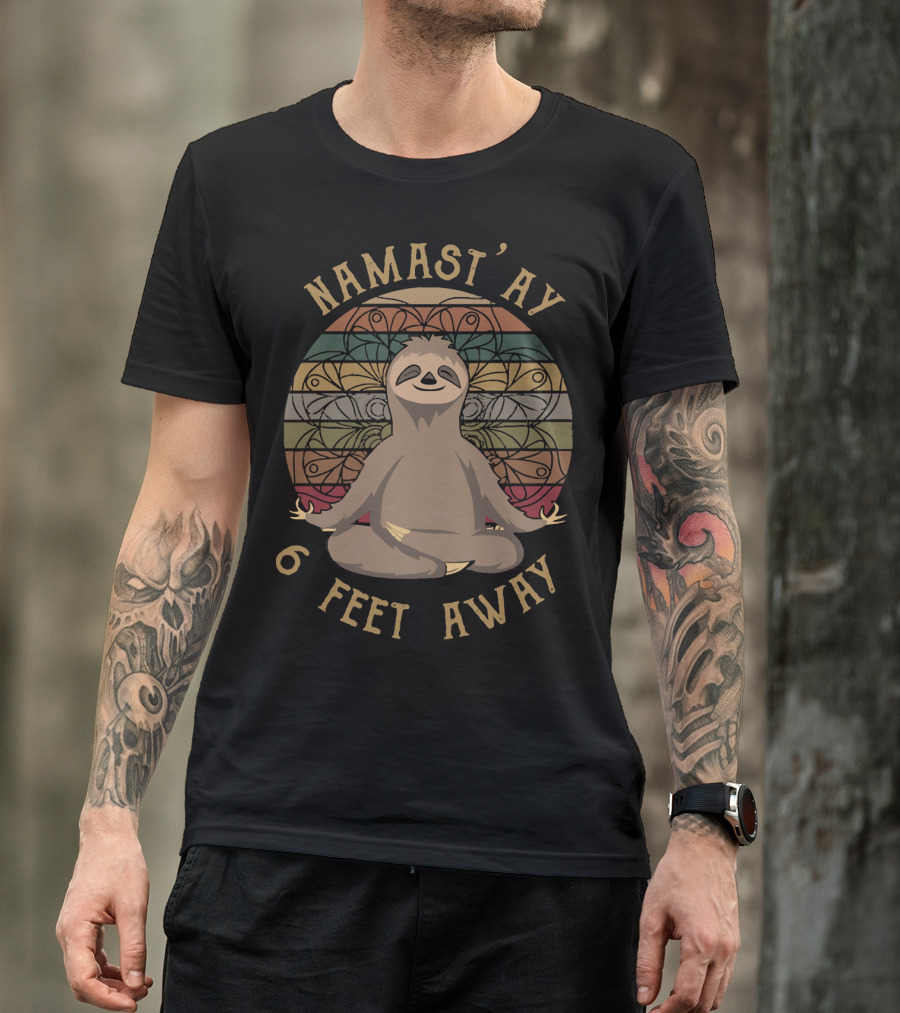 Namast'ay 6 Feet Away Retro Sunset Sloth Yoga Meditation T-Shirt