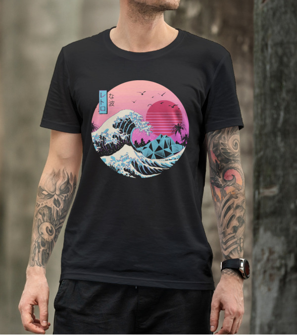 Retro Wave: The Great Sunset Surf With Palm Trees And Geometric Mountains T-Shirt
