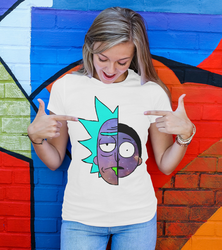 Galactic Rick And Morty Faces Cosmic Split Large T-Shirt