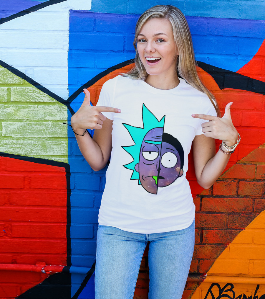 Galactic Rick And Morty Faces Cosmic Split Large T-Shirt