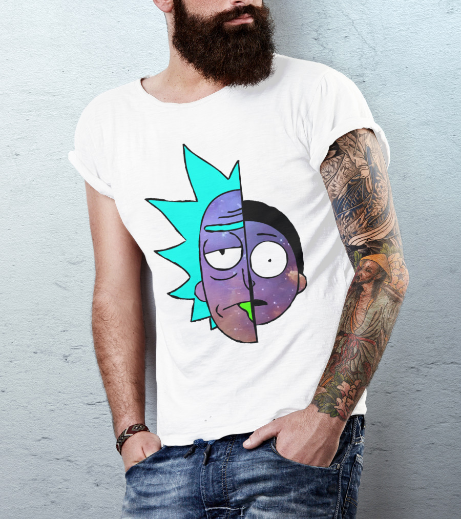 Galactic Rick And Morty Faces Cosmic Split Large T-Shirt