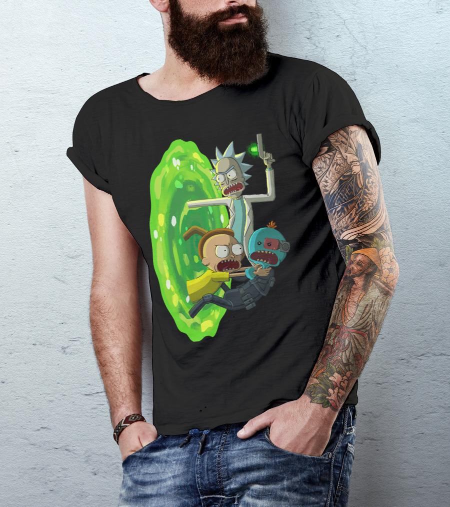 Rick And Morty Portal Escape With Meeseeks Cyborg Adventure T-Shirt