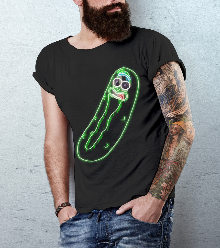 Neon Pickle Rick Left Pocket Glowing Expression T-Shirt