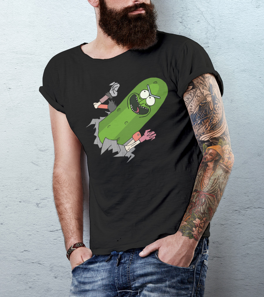 Pickle Rick Breaking Through Punching Action T-Shirt