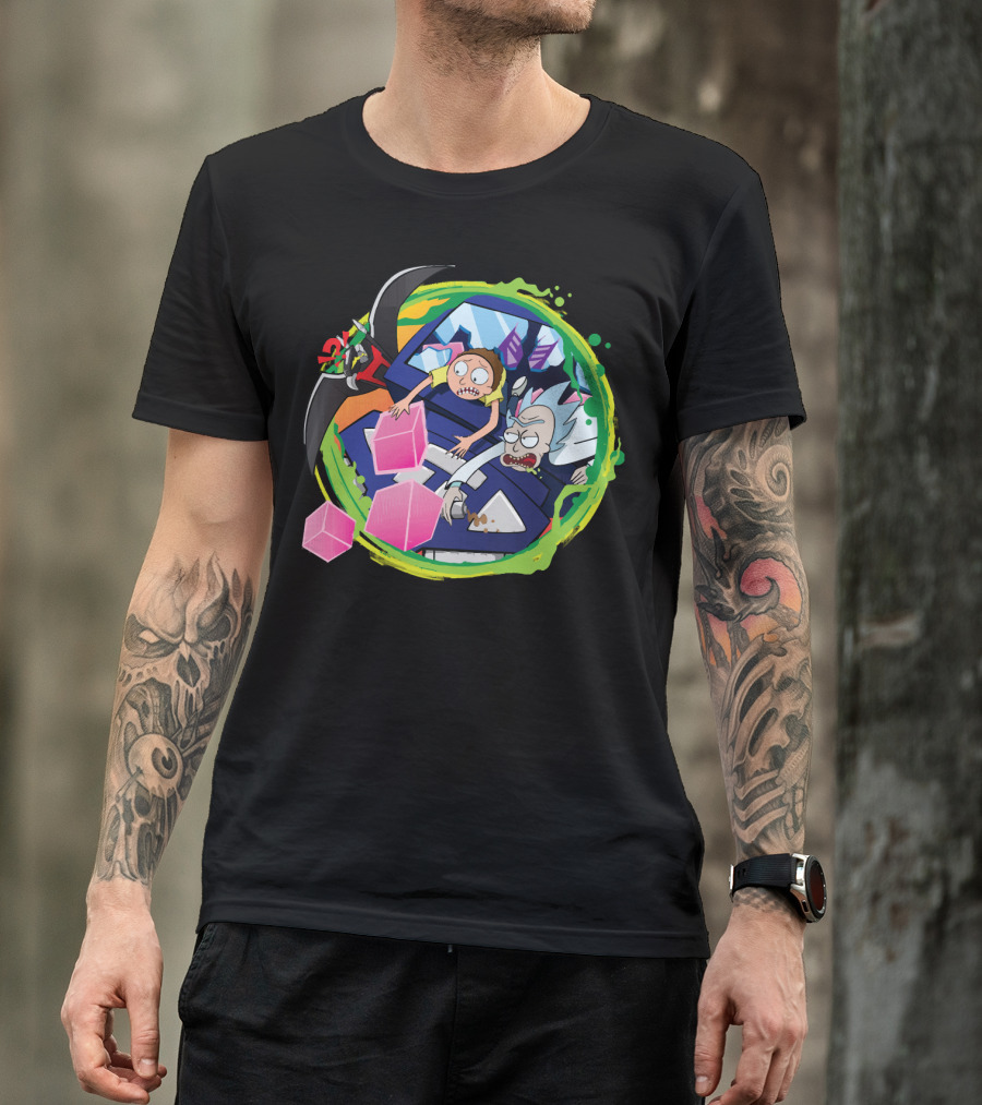 Rick And Morty In Cyber Portal Adventure With Pink Cubes And Alien Figures T-Shirt
