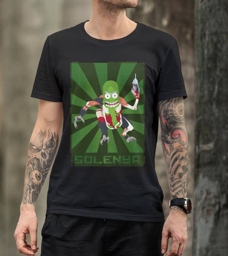 SOLENYA Mutant Pickle Character With Tools And Green Background T-Shirt