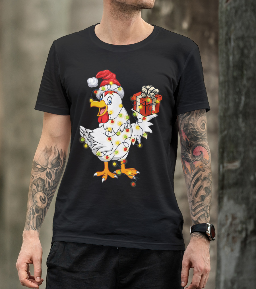 Funny Chicken Wrapped In Christmas Lights With Santa Hat And Gift T-Shirt