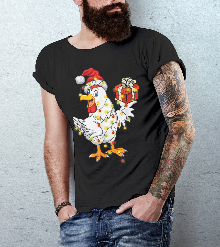 Funny Chicken Wrapped In Christmas Lights With Santa Hat And Gift T-Shirt