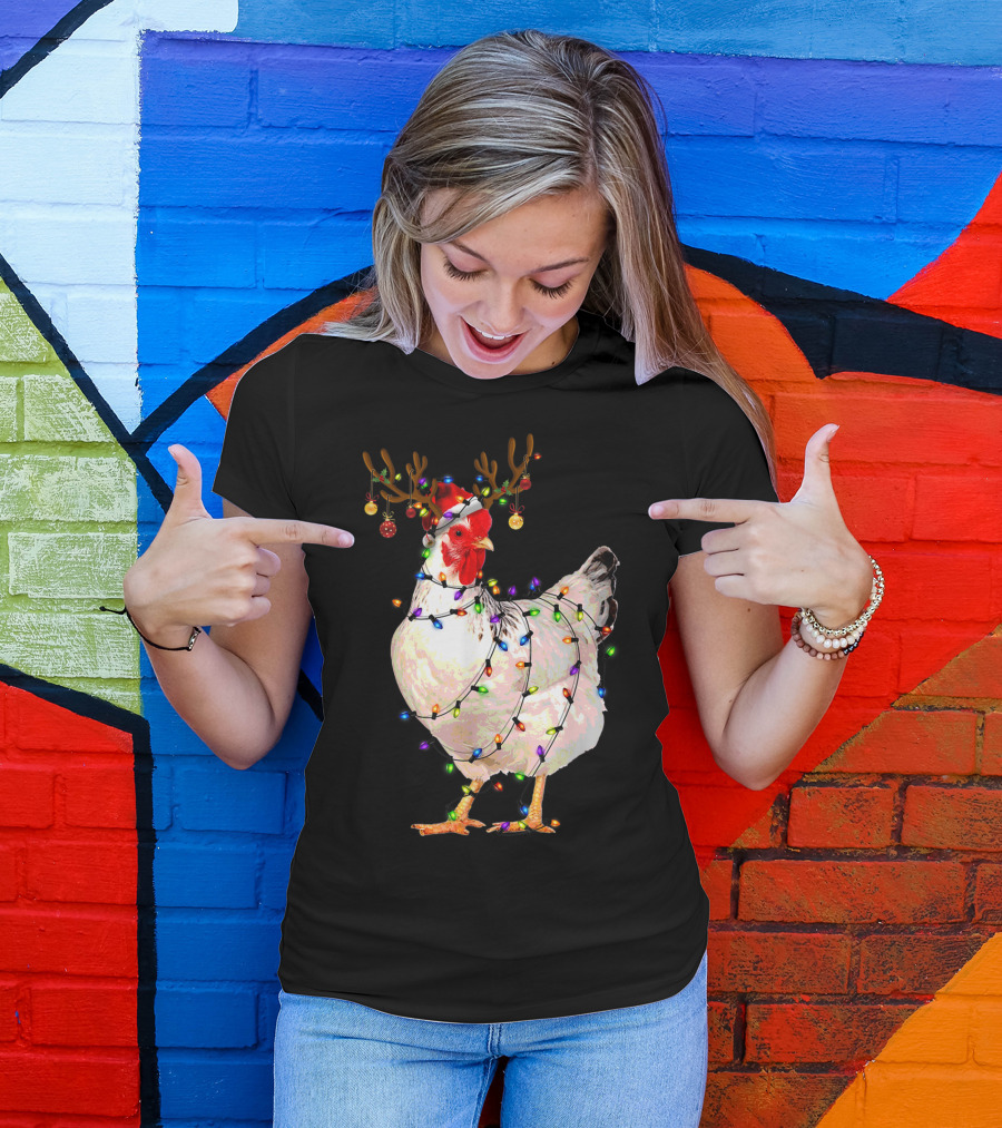 Funny Chicken Wearing Reindeer Antlers And Christmas Lights T-Shirt