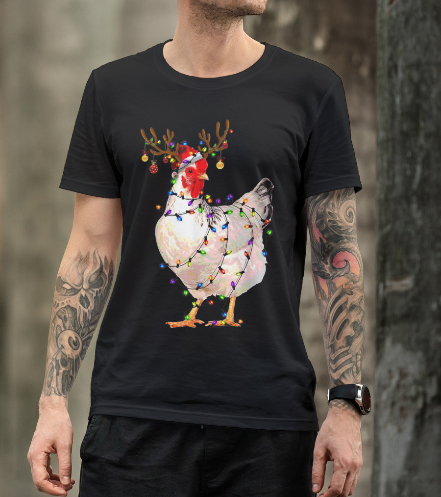 Funny Chicken Wearing Reindeer Antlers And Christmas Lights T-Shirt