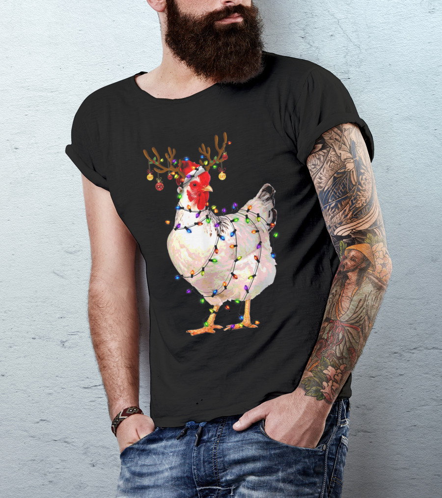Funny Chicken Wearing Reindeer Antlers And Christmas Lights T-Shirt