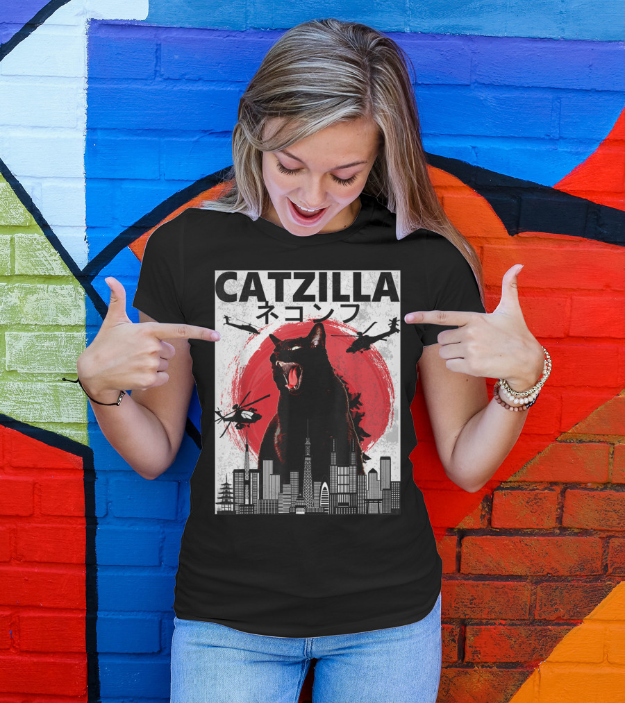 Catzilla Japanese Sunset Helicopters Cityscape Skyscraper Tower T-Shirt