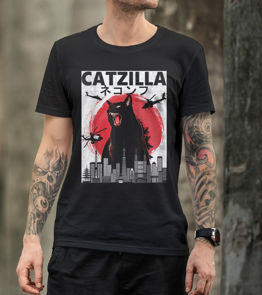 Catzilla Japanese Sunset Helicopters Cityscape Skyscraper Tower T-Shirt