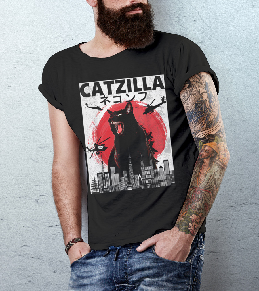 Catzilla Japanese Sunset Helicopters Cityscape Skyscraper Tower T-Shirt