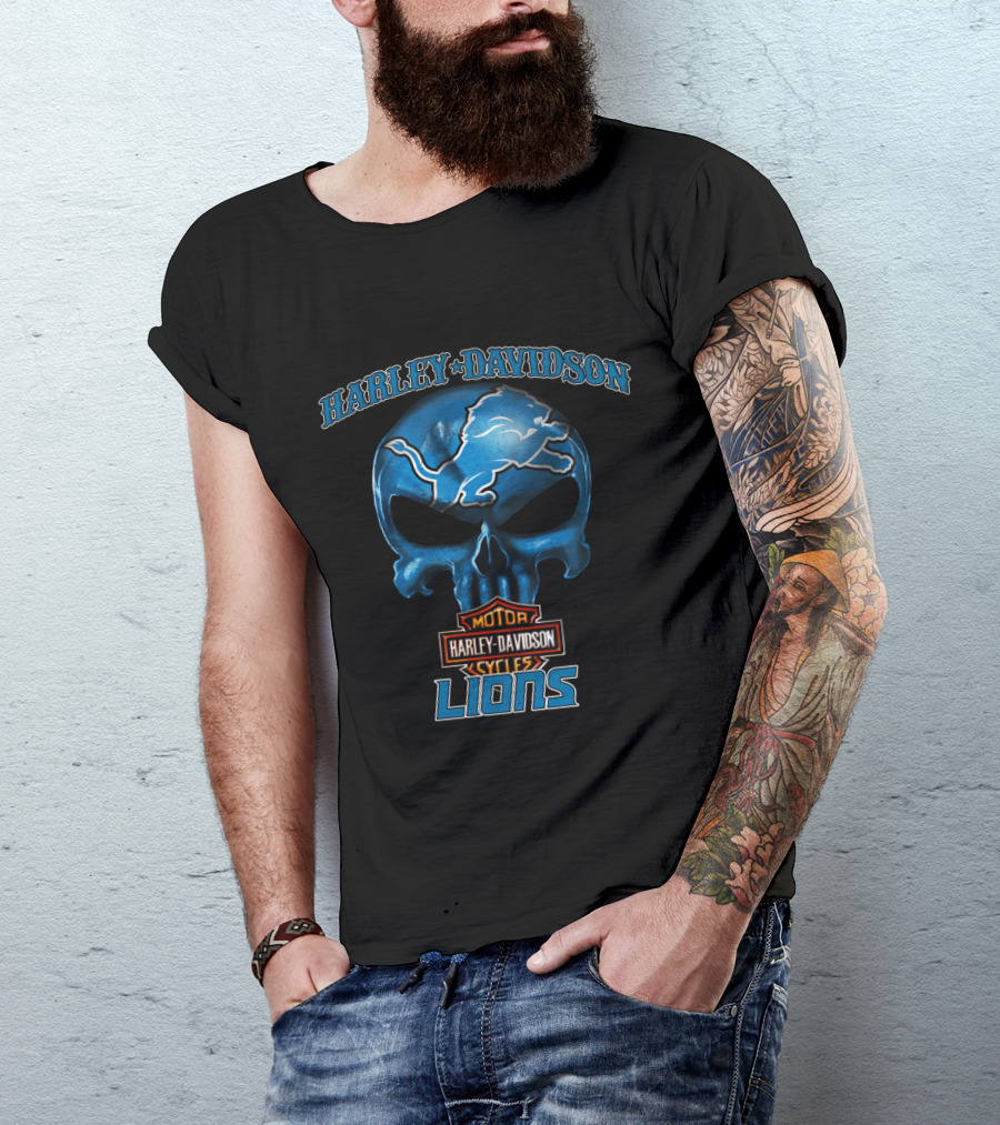 Harley Davidson Motor Cycles Lions Skull Detroit Nfl T-Shirt