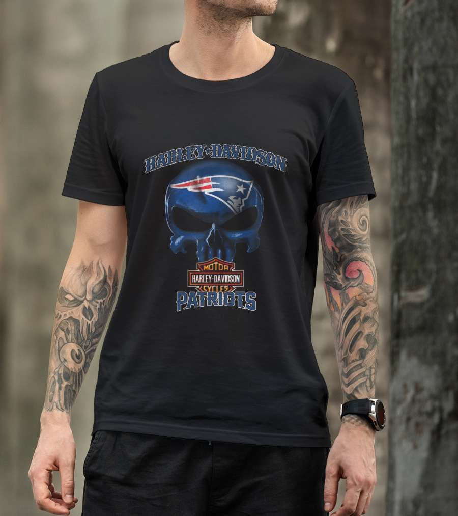 Harley Davidson Skull New England Patriots Motor Cycles T-Shirt
