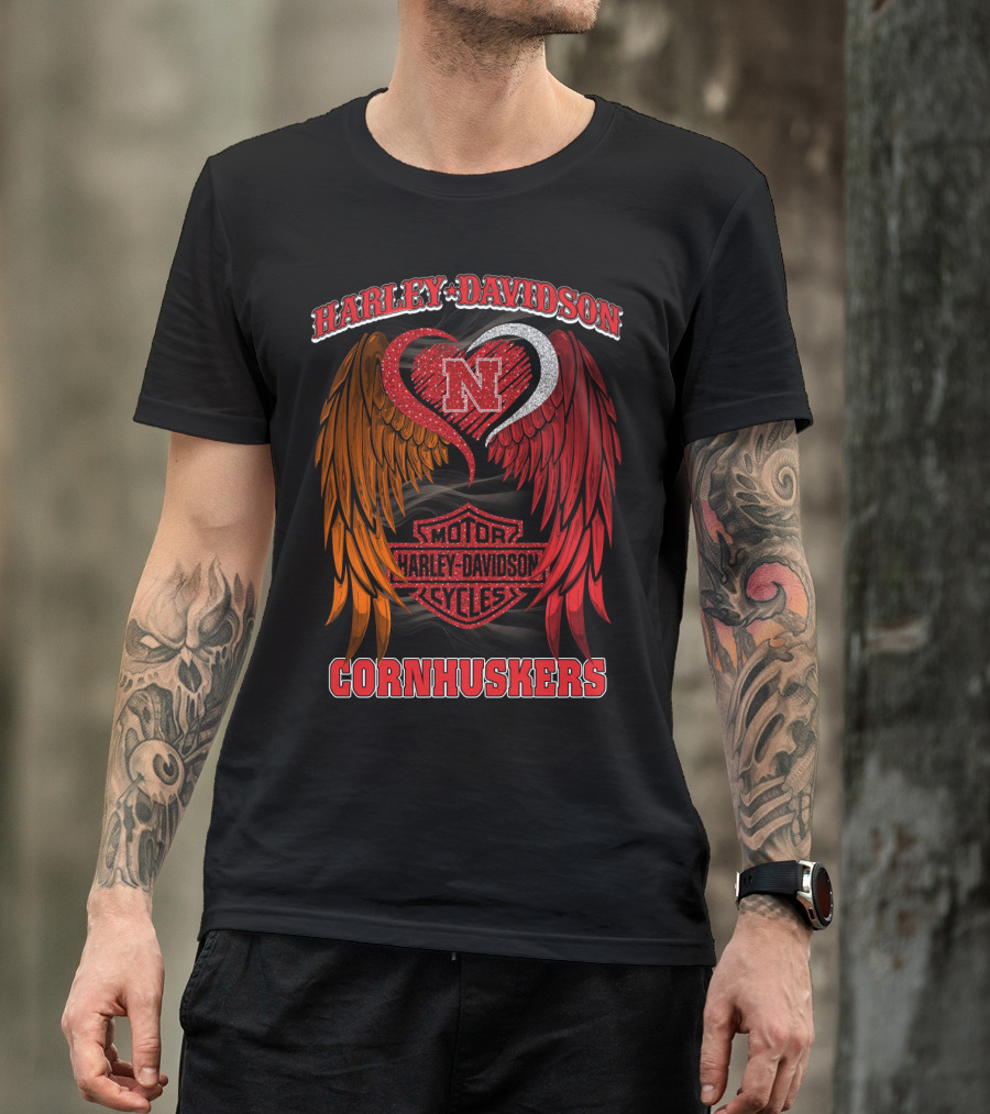 Harley Davidson Heart Wings Nebraska Cornhuskers Motorcycles T-Shirt