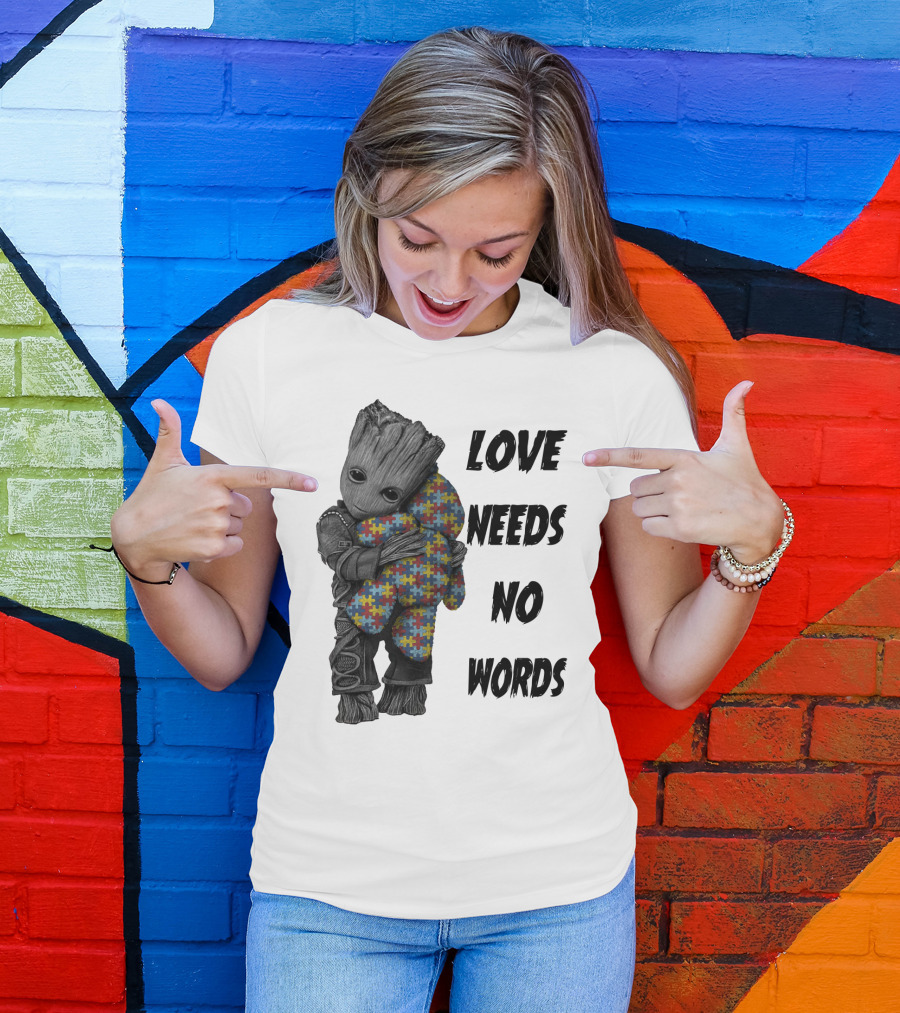 Love Needs No Words Groot Hugging Puzzle Piece Autism Awareness T-Shirt