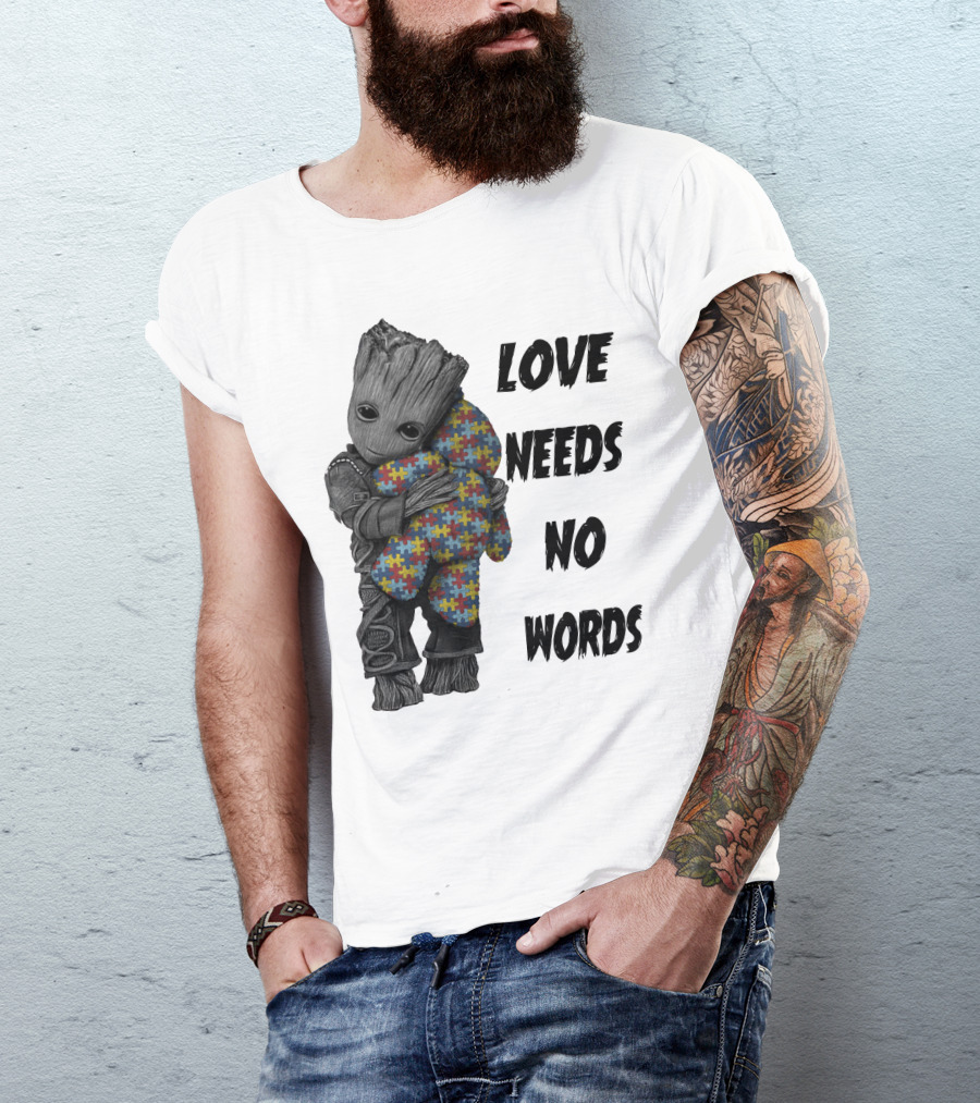 Love Needs No Words Groot Hugging Puzzle Piece Autism Awareness T-Shirt