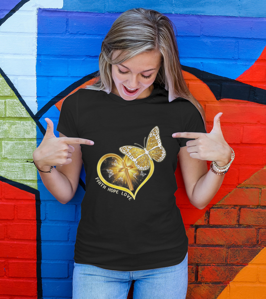 Faith Hope Love Butterfly Heart Christian Cross Jesus T-Shirt