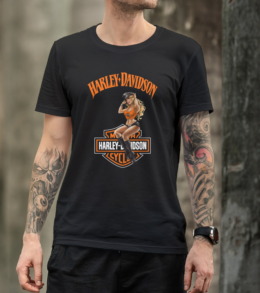 Harley Davidson Motorcycles Logo With Pin-Up Girl T-Shirt