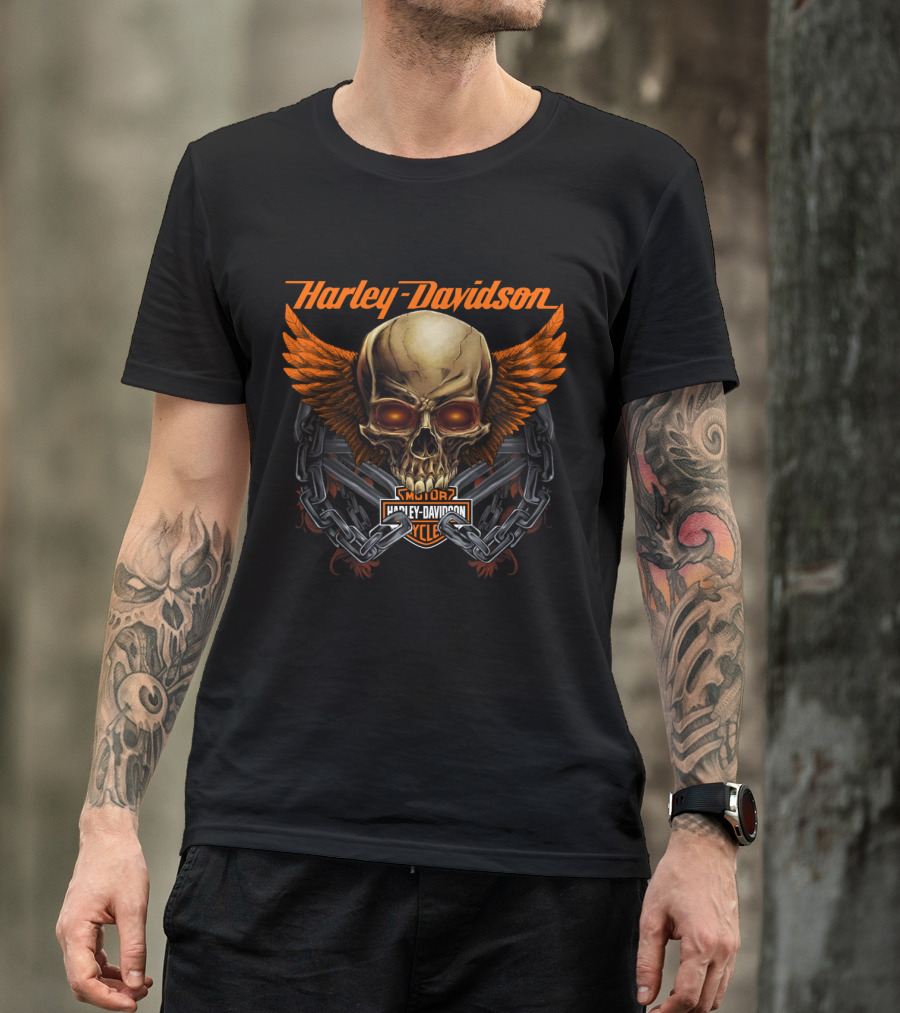 Harley Davidson Skull Wings And Chains Motorcycle Cycle T-Shirt
