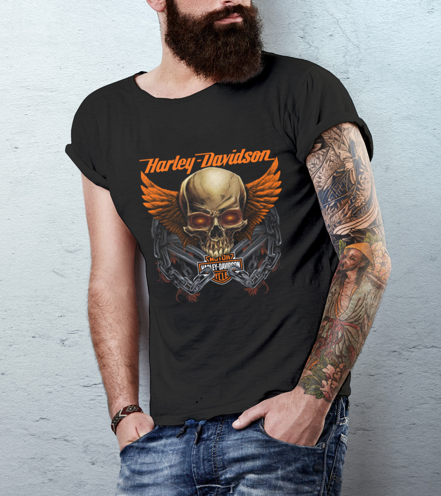 Harley Davidson Skull Wings And Chains Motorcycle Cycle T-Shirt